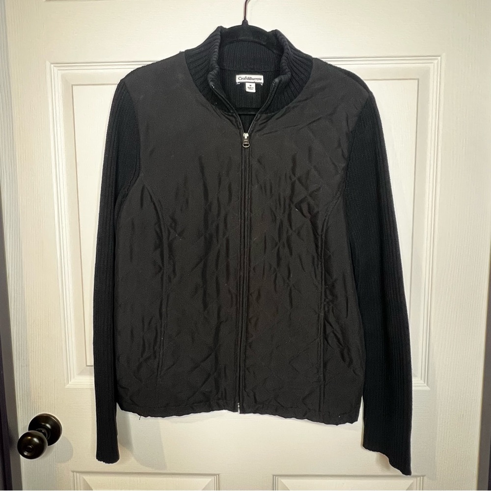 Croft & Barrow Black Quilted Sweater Jacket Full Zip Mock Neck Medium